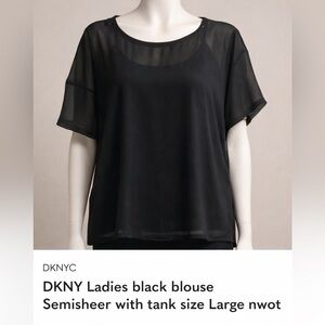 DKNY Ladies black blouse Semisheer with tank size Large nwot